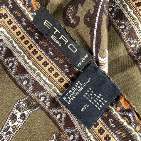 ETRO Green Brown Giraffe Silk Pocket Square