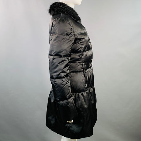 PRADA Size 6 Black Polyamide Quilted Fur Collar Button Down Coat