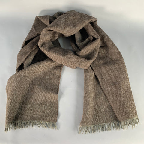 VALENTINO Brown Olive Herringbone Wool Fringe Scarf