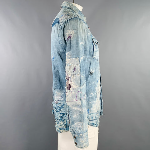 KAPITAL Size L Indigo Distressed Denim Snaps Long Sleeve Shirt