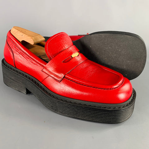 MARNI Size 7 Red Black Leather Platform Penny Loafers