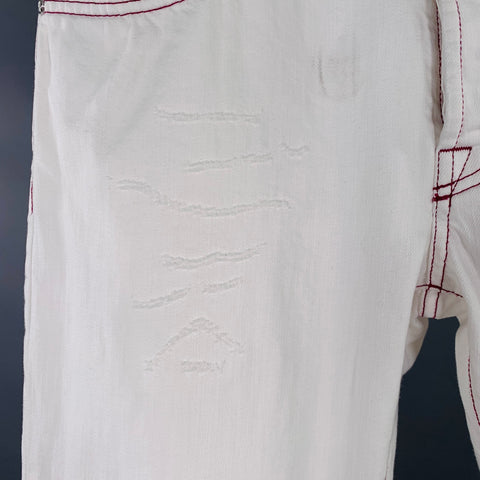 KITON Size 34 White Red Contrast Stitch Distressed Cotton Straight Jeans