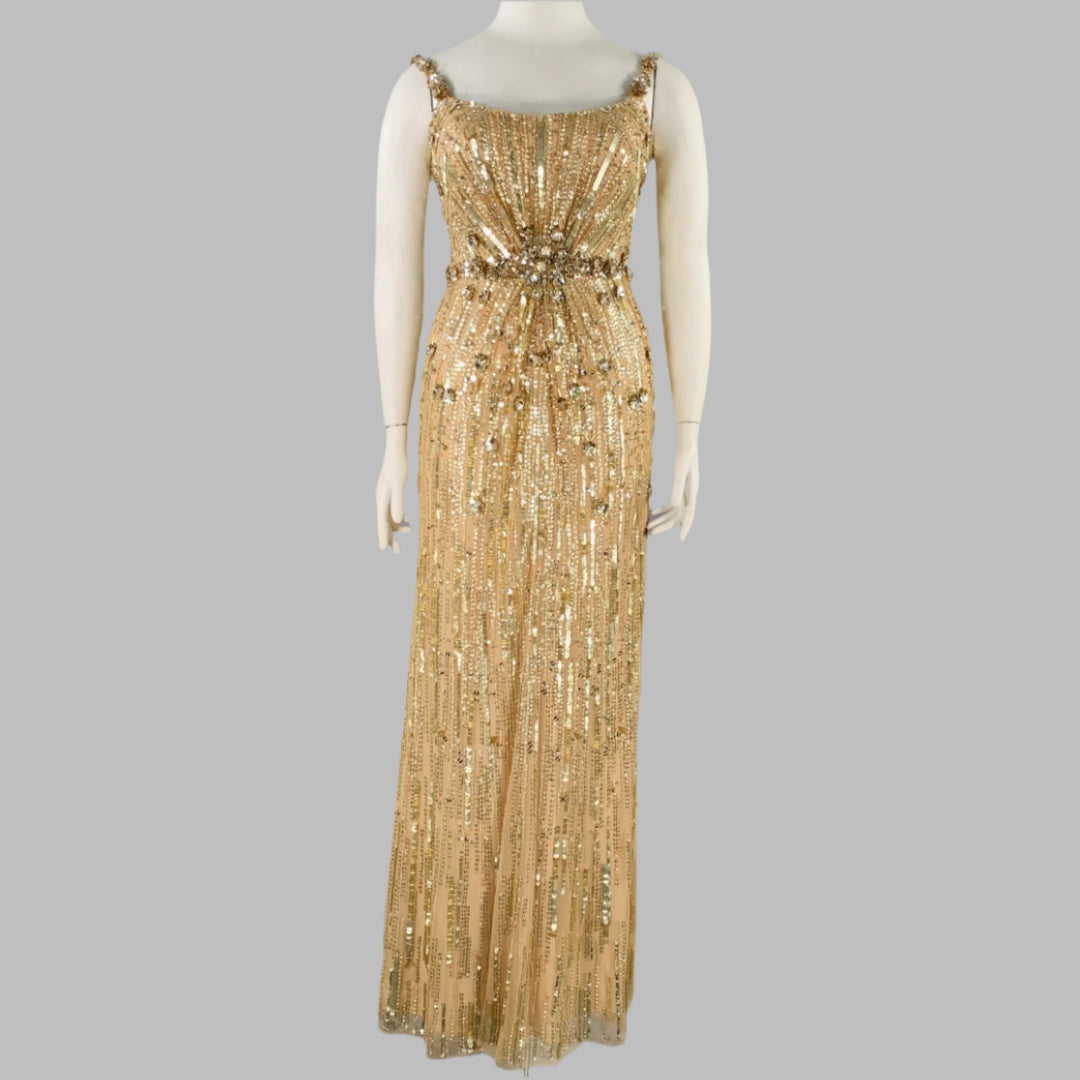 JENNY PACKHAM Pre-Fall 2022 Size 10 Bright Gem Gold Nude Polyester Beaded Sleeveless Evening Gown
