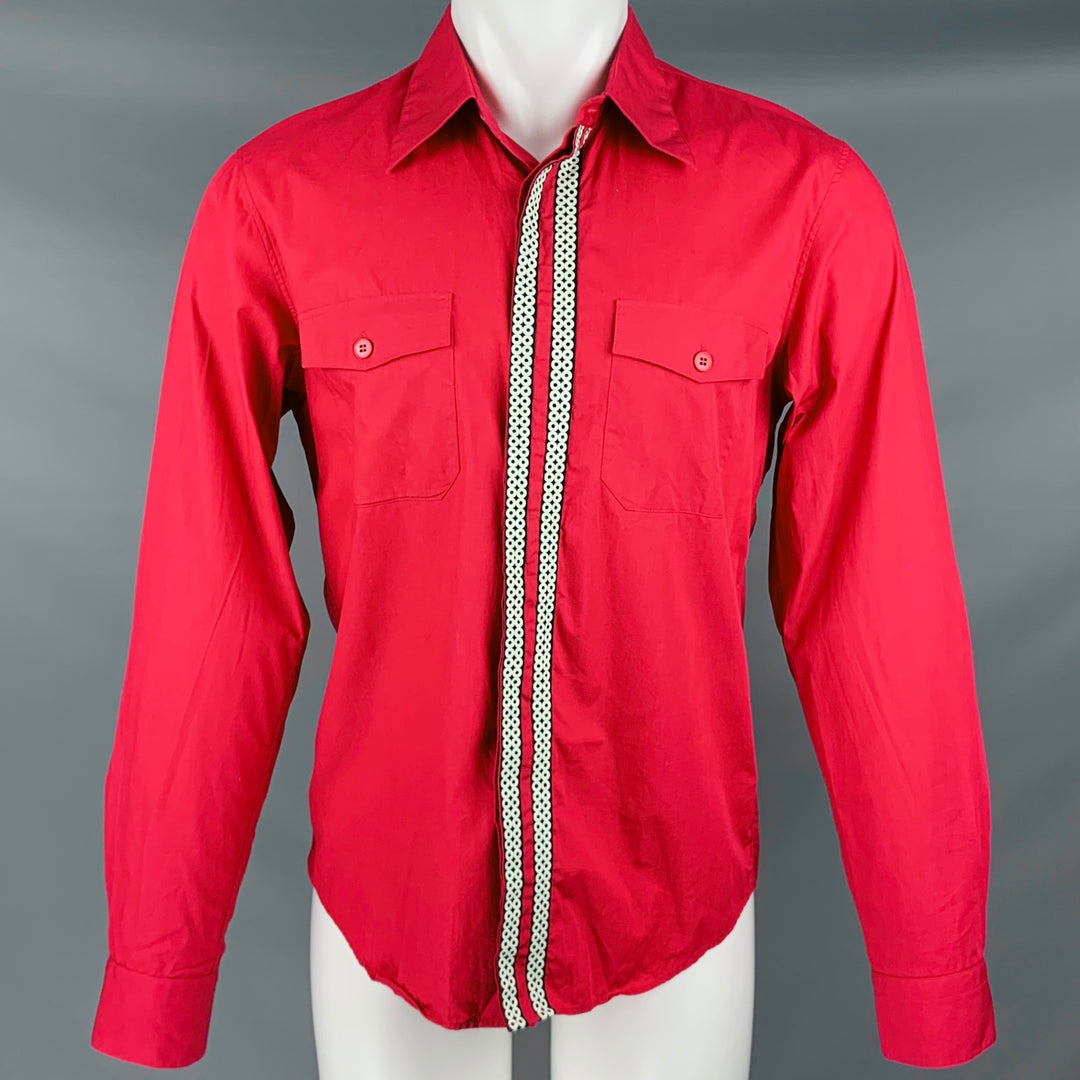 AGNÈS B. Size M Red Black White Stripe Cotton Button Up Long Sleeve Shirt