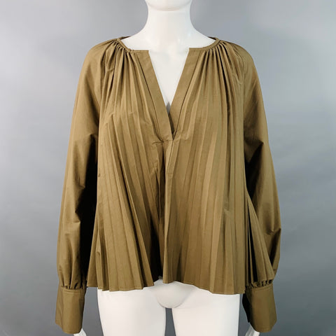 PROENZA SCHOULER Size 6 Monica Brown Cotton Blend Pleated V-Neck Blouse