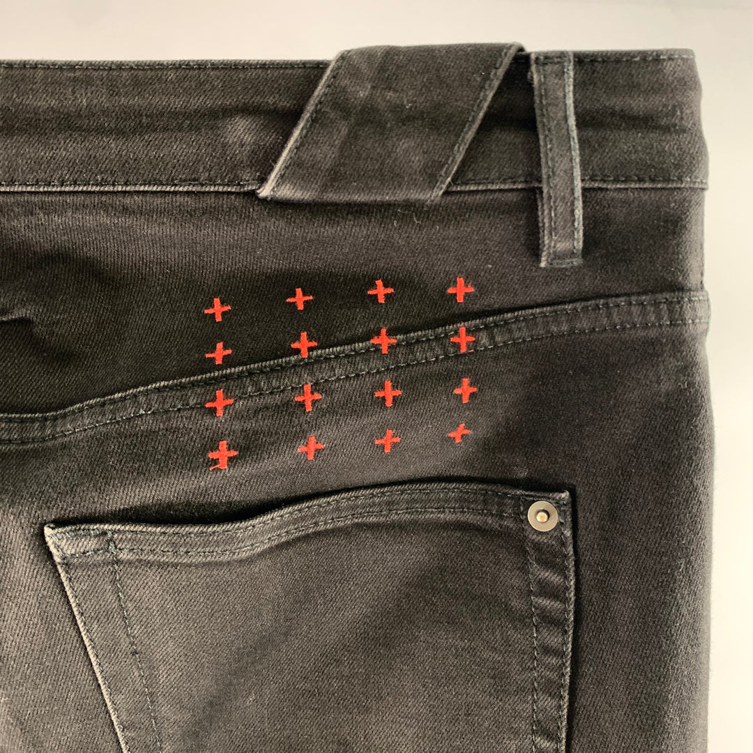 KSUBI Size 32 Black Washed Embroidered Cotton Slim Fit Jeans