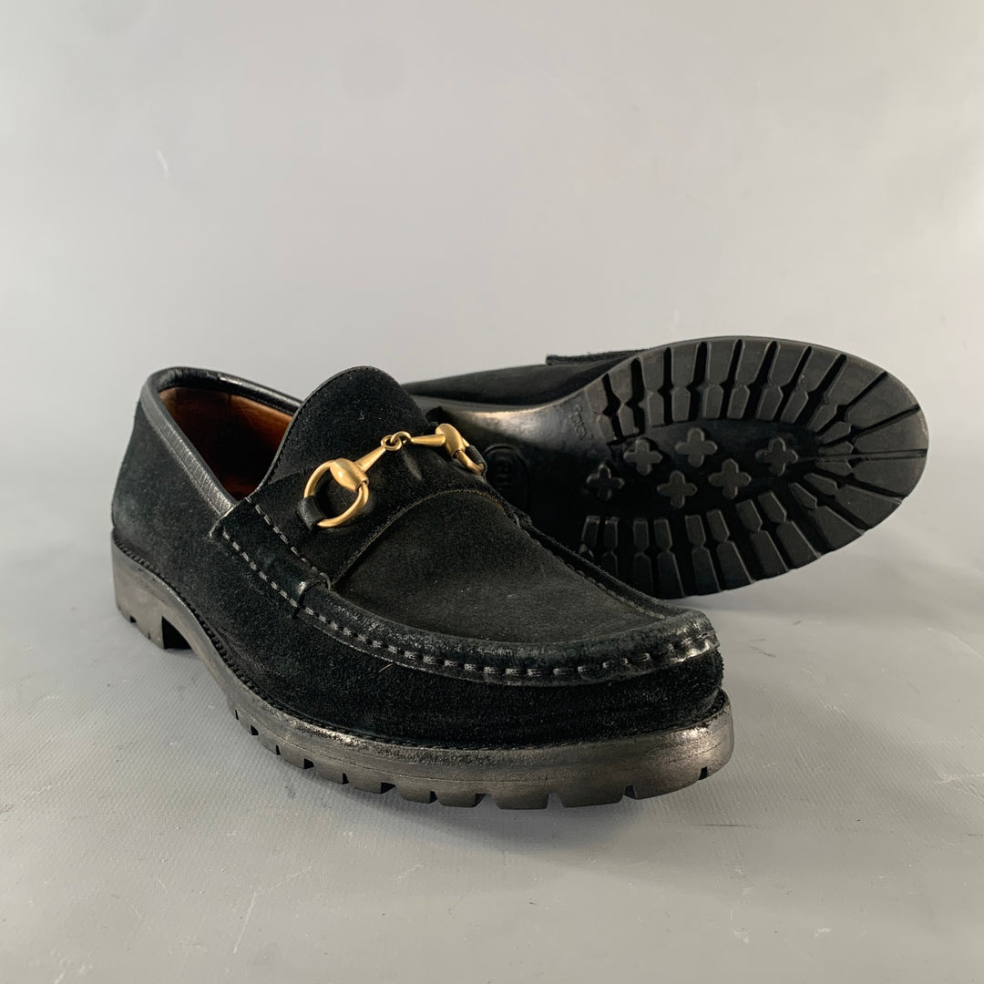 GUCCI Size 7.5 Black Gold Suede Horsebit Flats