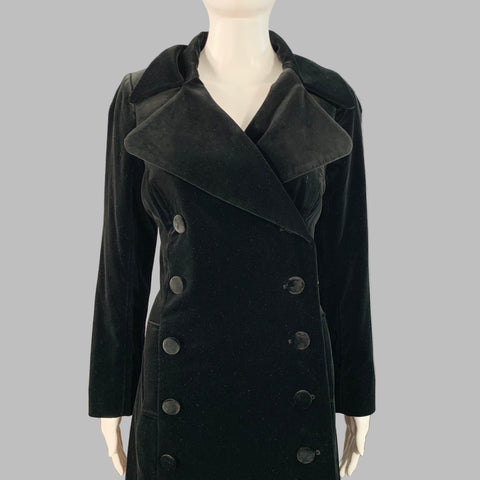 BIBA Size M Black Cotton Velvet Double Breasted Peak Lapel Trench Coat