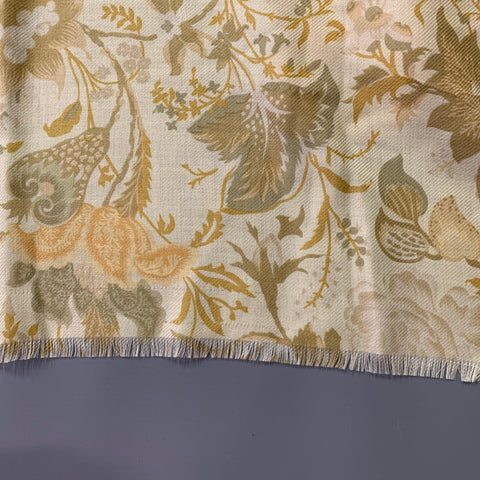 VINTAGE Beige Green Floral Twill Fringe Scarf Shawl