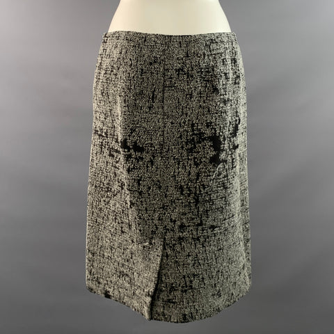 PRADA Size 8 Black Grey Linen  Silk Jacquard Pencil Knee Length Skirt