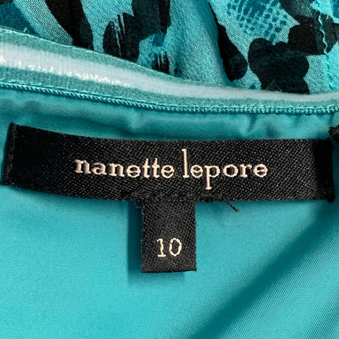 Robe froncée en soie à imprimé animal noir et turquoise NANETTE LEPORE Taille 10