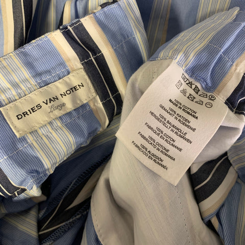 DRIES VAN NOTEN Size L Blue White Stripe Cotton Elastic Waistband Casual Pants