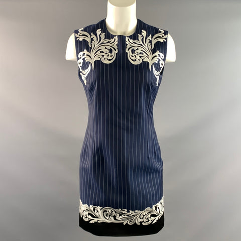 VERSACE SS2013 Size 4 Blue White Viscose & Cupra Pinstripe Notch Lapel Dress & Blazer Set