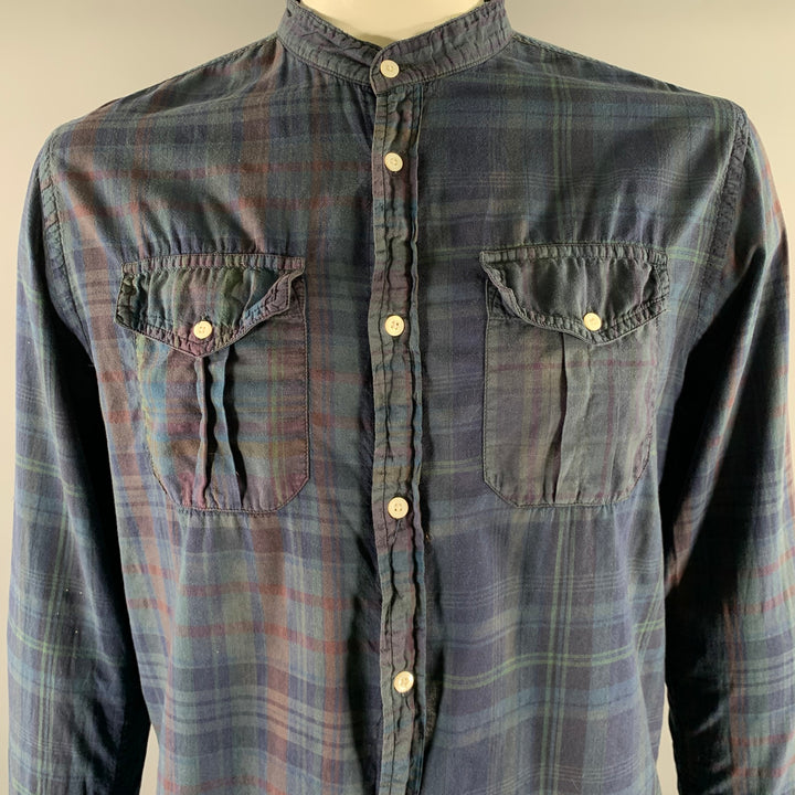 WOOLRICH Size L Navy Green Plaid Cotton Band Collar Long Sleeve Shirt