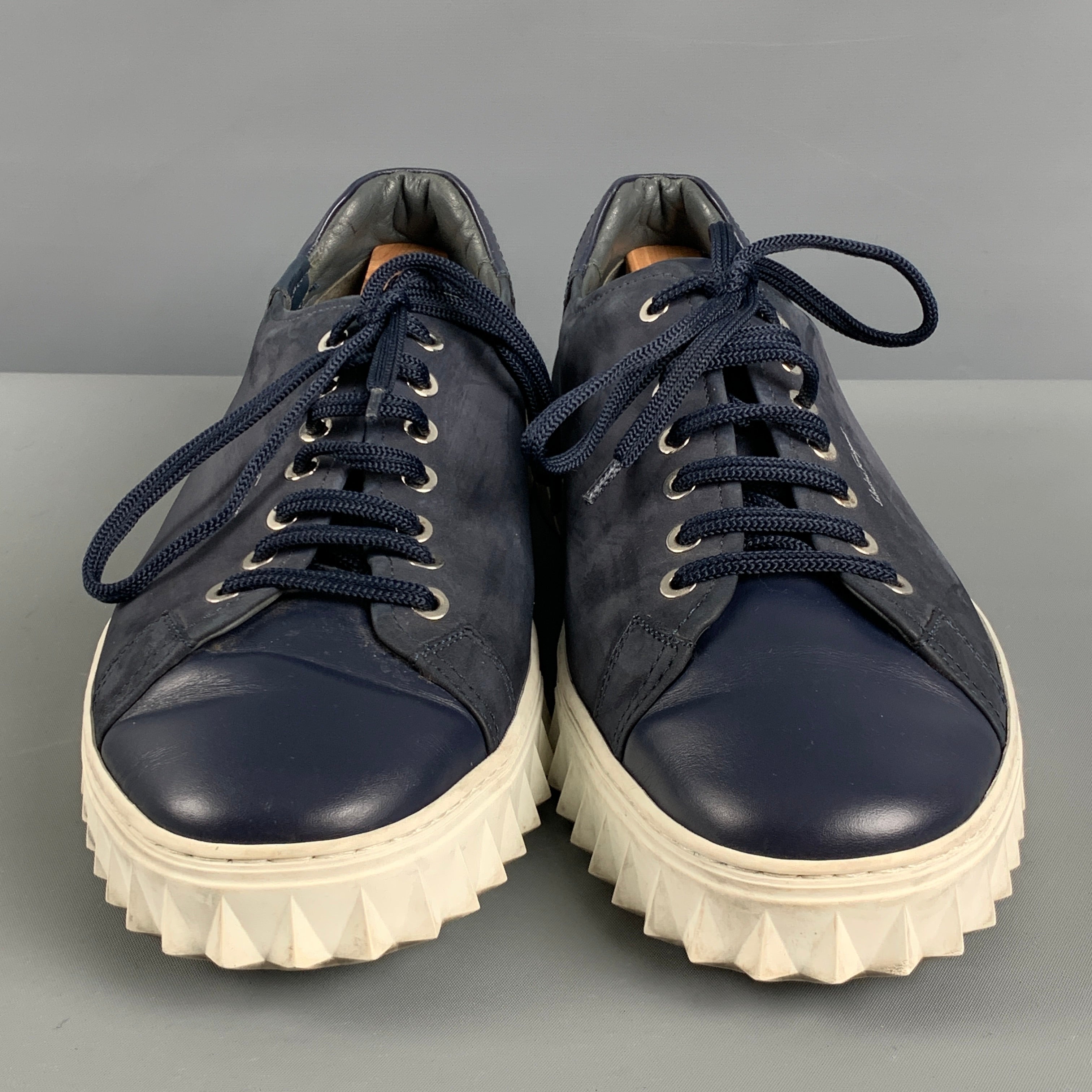 SALVATORE FERRAGAMO Size 10 Navy White Suede Sneakers – Sui