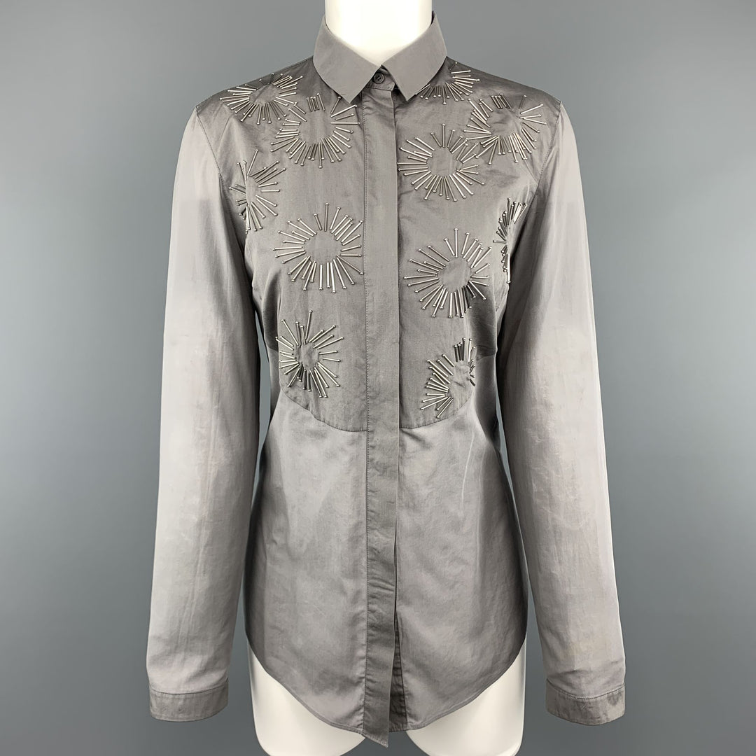 AKRIS Size 8 Grey Sheer Cotton Beaded Bib Blouse