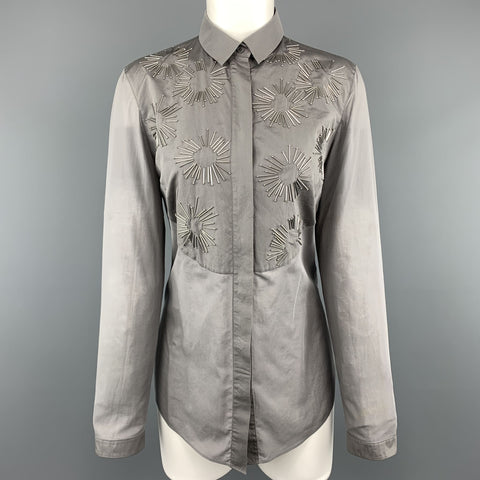 AKRIS Size 8 Grey Sheer Cotton Beaded Bib Blouse