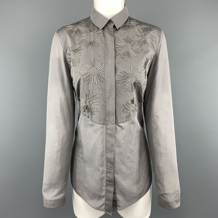 AKRIS Size 8 Grey Sheer Cotton Beaded Bib Blouse