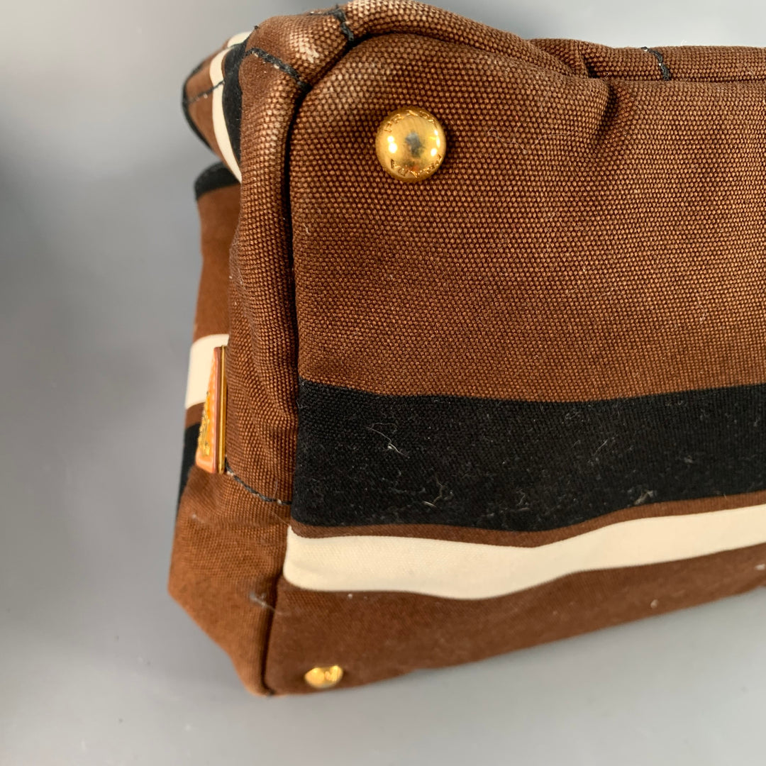 PRADA Canapa Brown Black White Stripe Canvas Open Top Tote Handbag
