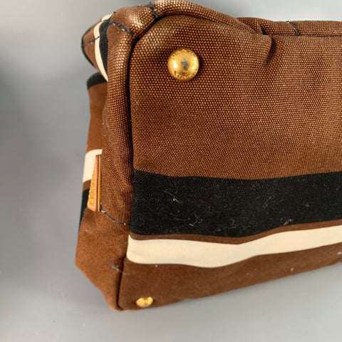 Sac fourre-tout PRADA Canapa en toile rayée marron, noire et blanche à dessus ouvert