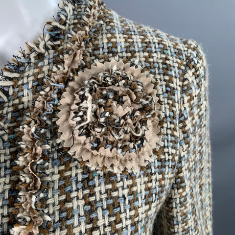MOSCHINO Size 6 Brown Blue Cream Wool Woven Floral Embellishment Raw Edge Coat
