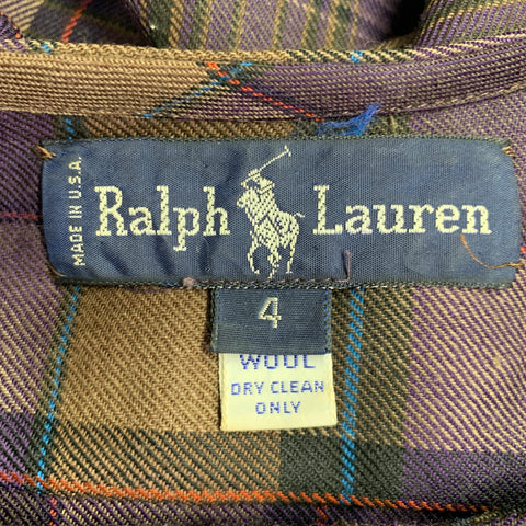 RALPH LAUREN Size 4 Purple Brown Wool Plaid Collarless Shirt