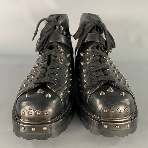 PRADA Size 12 Black Studded Leather Ankle Boots