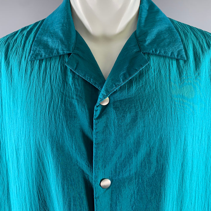 JIL SANDER Size XL Teal Polyamide Silk Camp Short Sleeve Shirt