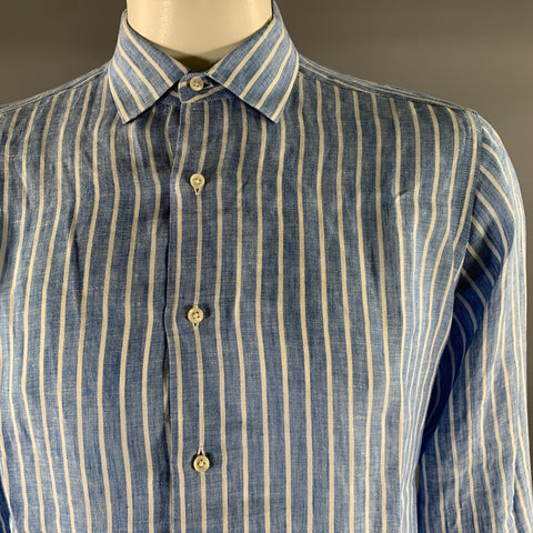 SAM MALOUF Size L Blue White Stripe Linen Pointed Collar Long Sleeve Shirt
