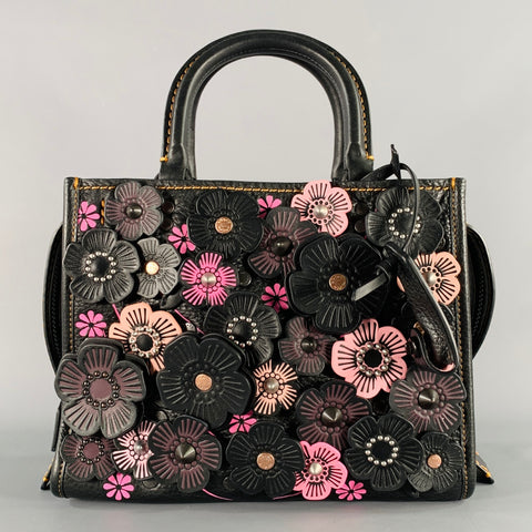 COACH Black Pink Applique Leather Floral Handbag
