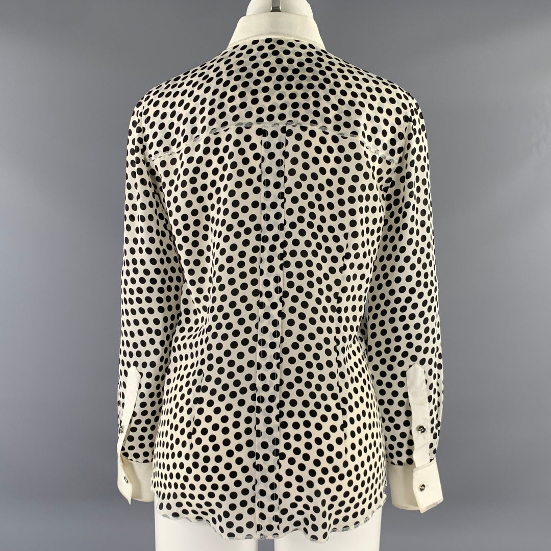 DOLCE & GABBANA Size S White Black Silk Spotted Pointed Collar Dress Top