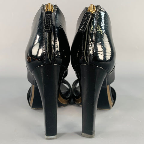 GUCCI Size 8.5 Black Gold Suede Patent Leather Ankle Sandals