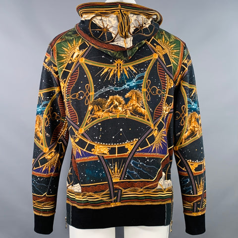 BALMAIN Size M Black Zodiac Horse Print Multi Color Astrology Cotton Hooded Sweatshirt