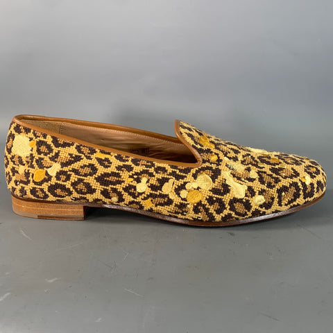STUBBS & WOOTTON Size 9.5 Brown Gold Embroidery Lounge Loafers