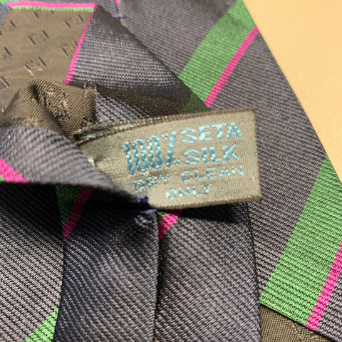 FENDI Navy Green Diagonal Stripe Silk Tie