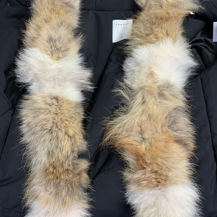 SANDRO Size L Black Beige Cotton Blend Fur Collar Zip Snaps Coat