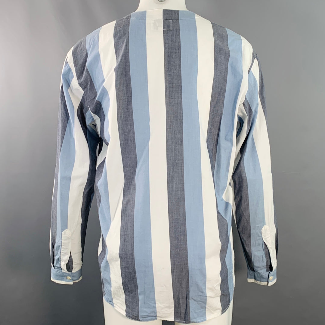 LIVID JEANS Size M Grey Blue White Stripe Cotton Collarless Long Sleeve Shirt