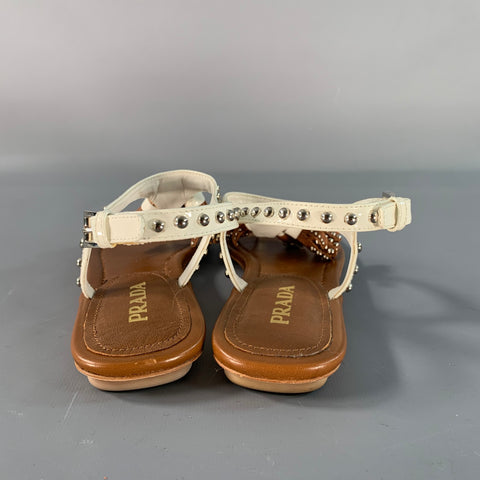 PRADA Size 6.5 Brown White Leather Studded Thong Sandals