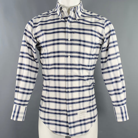 THOM BROWNE Size S White Navy Plaid Cotton One Pocket Long Sleeve Shirt