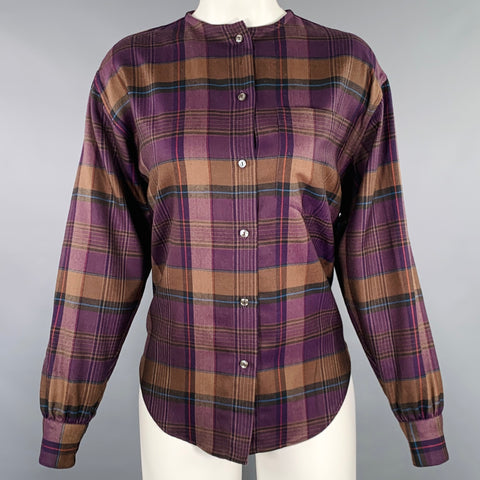 RALPH LAUREN Size 4 Purple Brown Wool Plaid Collarless Shirt