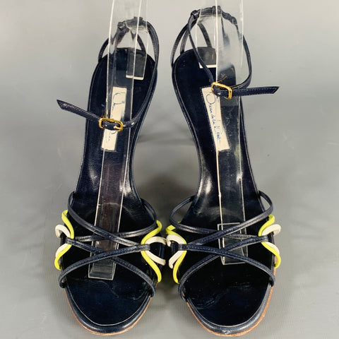 OSCAR DE LA RENTA Size 7 Navy Yellow Leather Strappy Sandals