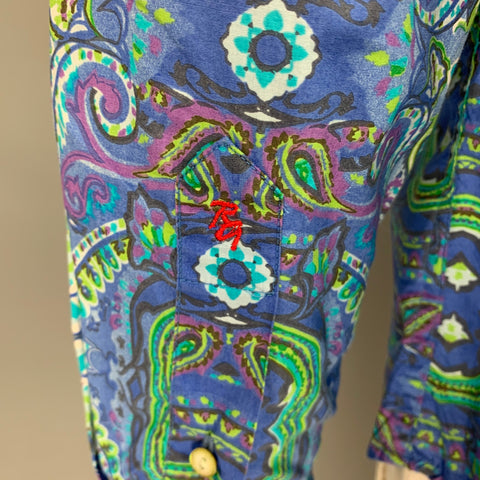 ROBERT GRAHAM Size L Blue Green Print Cotton Button Up Long Sleeve Shirt