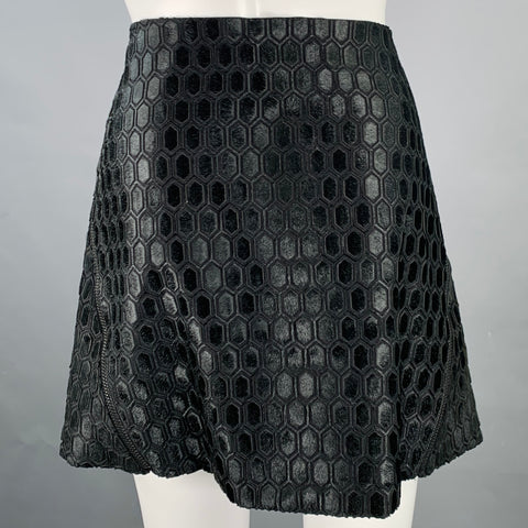 SALVATORE FERRAGAMO Size 6 Black Wool Calf Hair Geometric Zip Mini Skirt