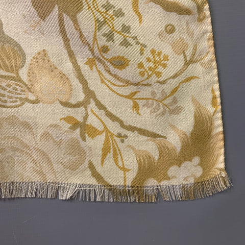 VINTAGE Beige Green Floral Twill Fringe Scarf Shawl