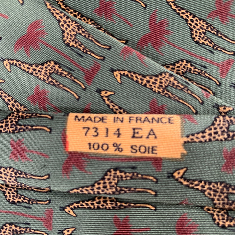 HERMES Green Beige Burgundy Giraffe Silk Tie