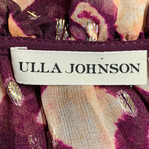 ULLA JOHNSON Size 4 Purple Yellow Silk Blend Abstract Bishop Sleeve Casual Top