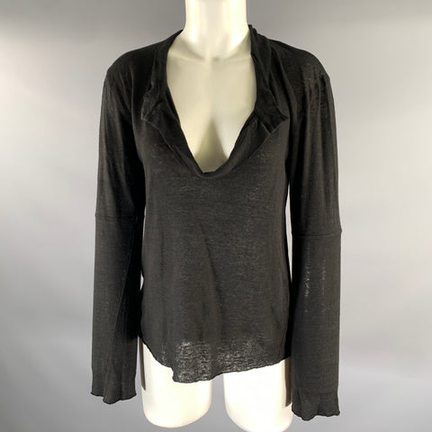 KRISTENSEN DU NORD Size 2 Black Linen Buttonless Henley Pullover