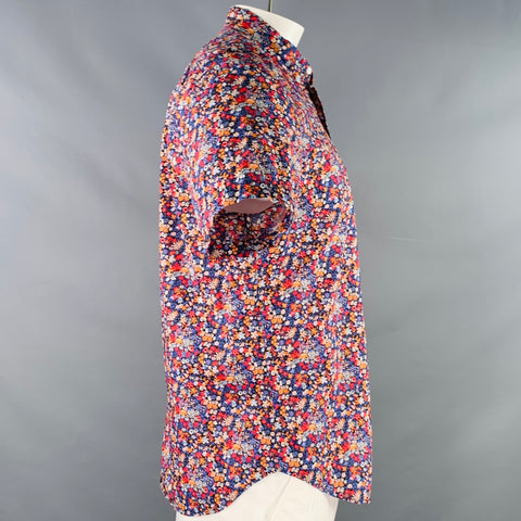 J.CREW Size L Blue Orange Floral Cotton One Pocket Short Sleeve Shirt