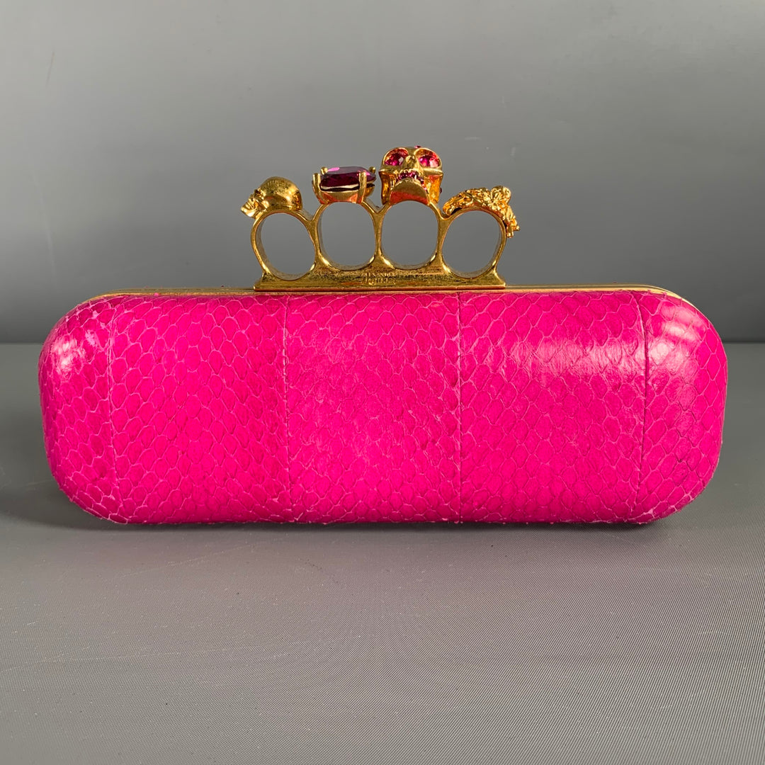ALEXANDER MCQUEEN Gold Fuchsia Snake Skin Metal Clutch Handbag & Leather Goods