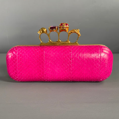 ALEXANDER MCQUEEN Gold Fuchsia Snake Skin Metal Clutch Handbag & Leather Goods